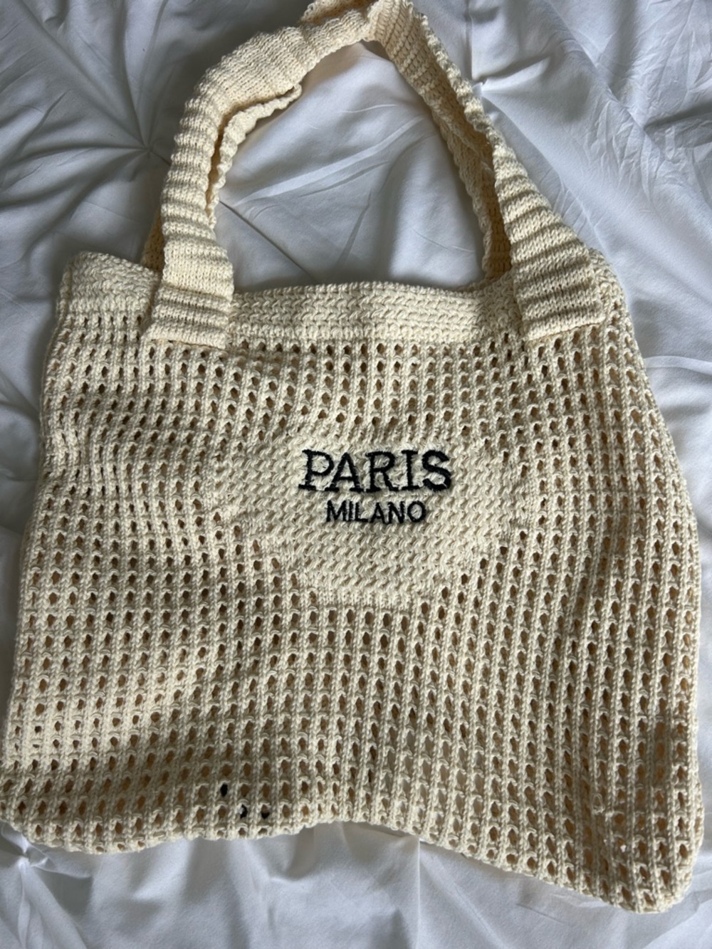 Cream Crochet Tote Bag with Embroidered Logo